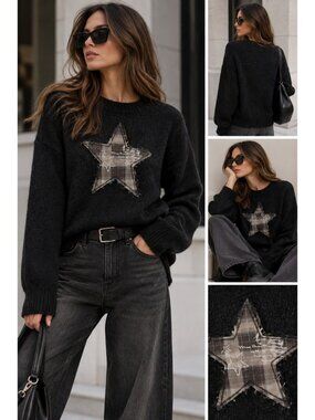 Minga London Black Plaid Star Patch Knit Sweater Grunge Y2K Size M